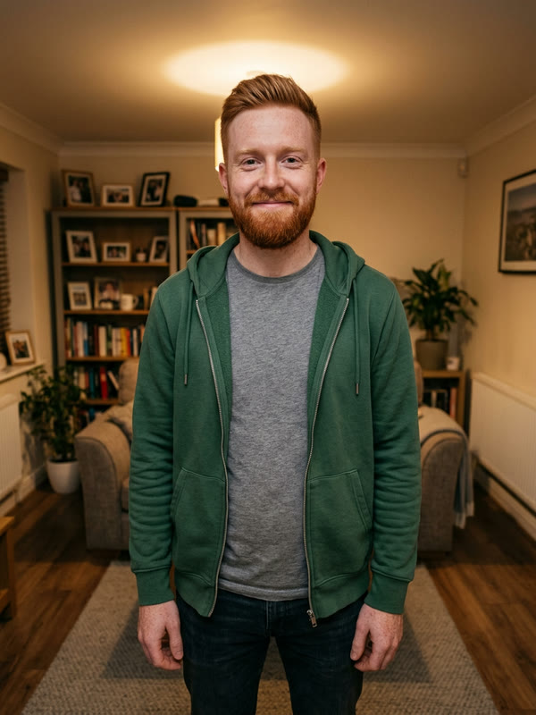 The photo used for this sample — an AI-generated person