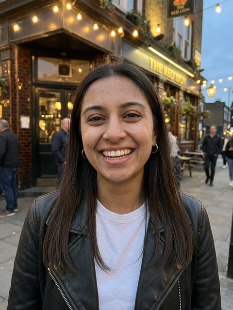 The photo used for this sample — an AI-generated person